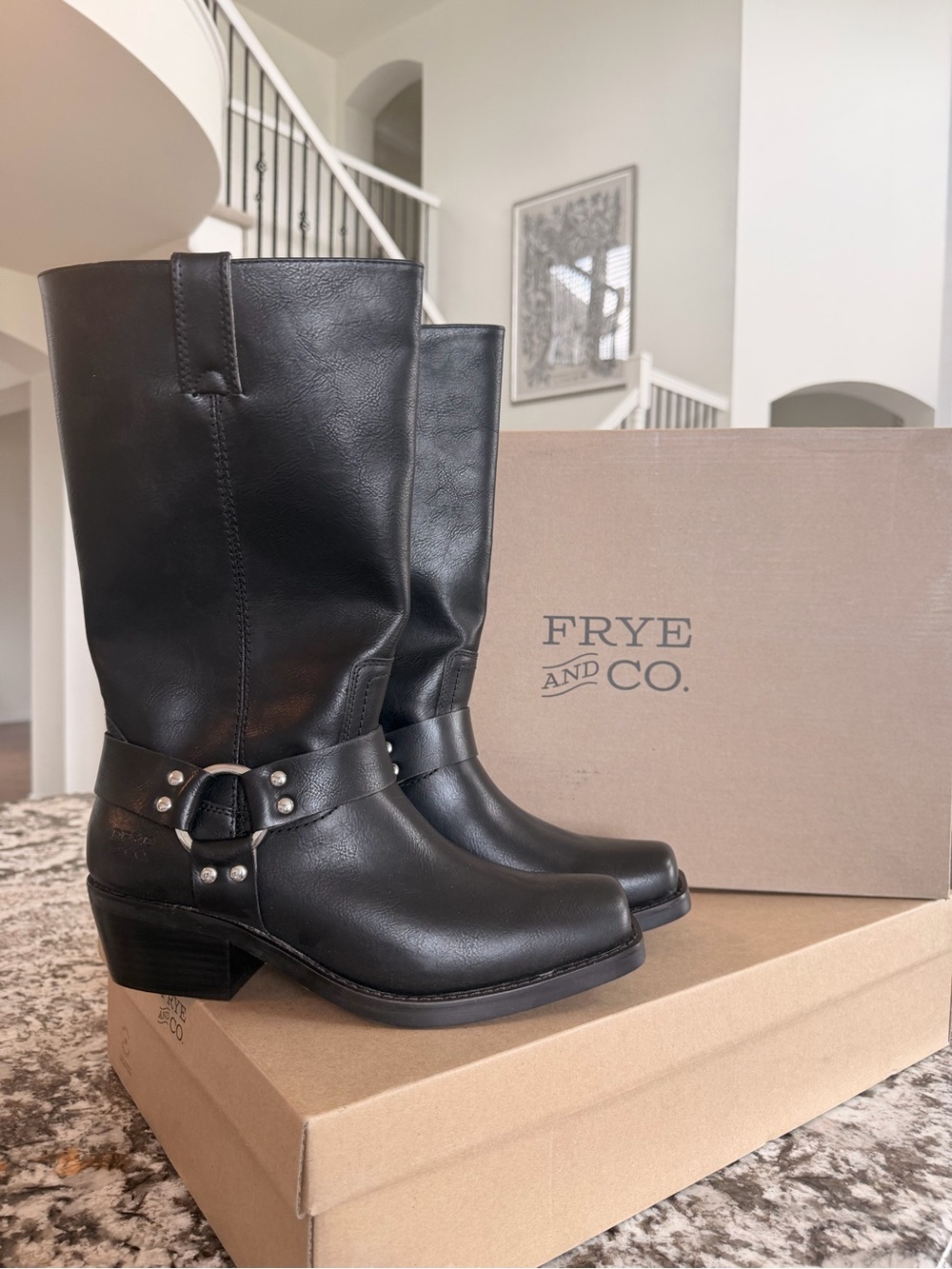 Frye Black Leather Harness Mid-Calf Boots with Ring Detail